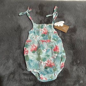 NWT organic Angel Dear flamingo print tie strap bubble romper